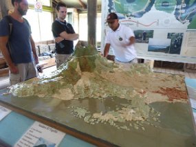 Discussing the relief map of Mombacho Volcano The start of a nature walk around the dormant volcano outside of Granada. Our tour guide was a master of improvised information. Quote of the day 